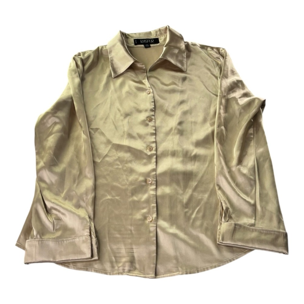 Kasper Petite Women's 14P Champagne Satin Button Front Blouse Long Sleeve